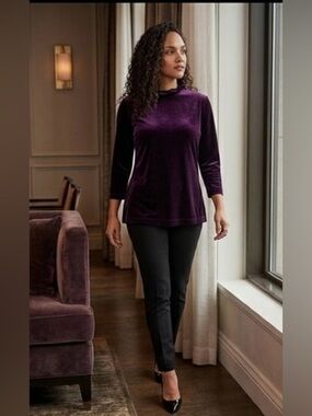 Sara Campbell velvet ruffle mock neck top L purple eggplant stretch NWT